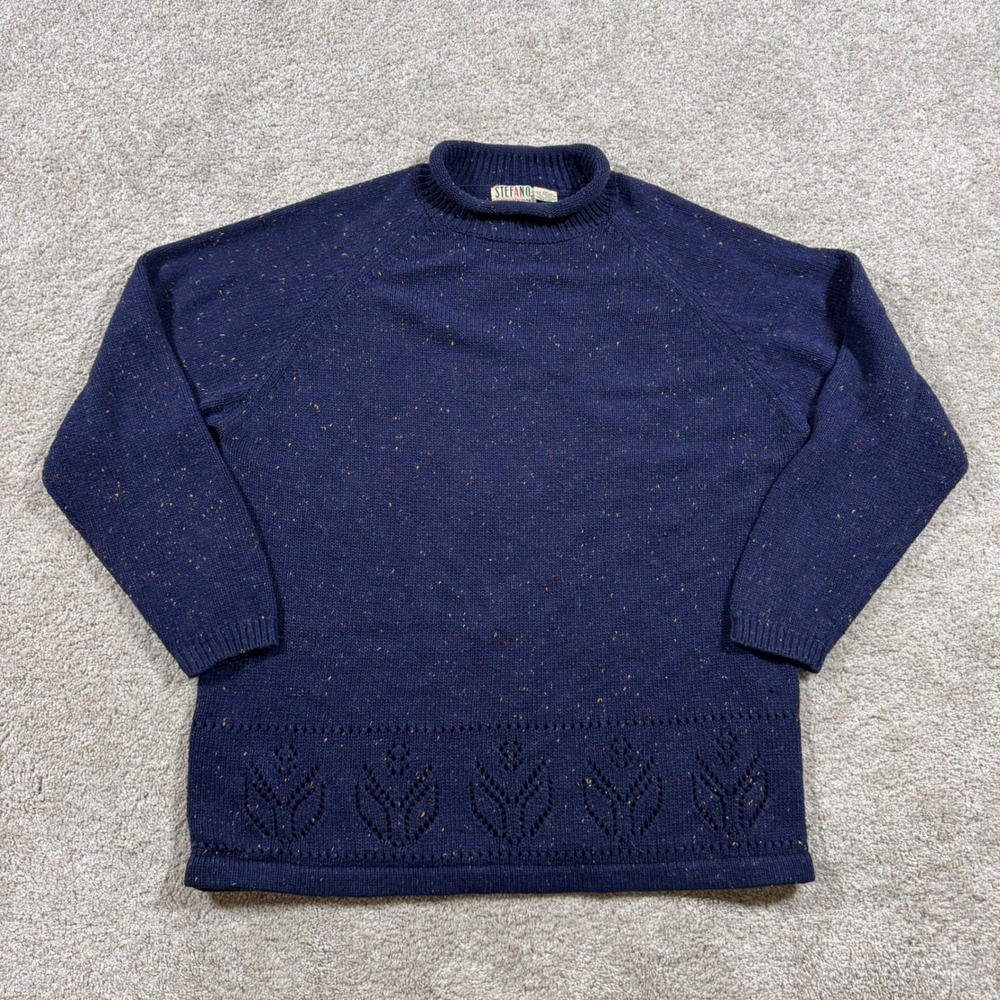 Stefano International Navy Blue Confetti Fleck Mock Neck Pointelle Hem Sweater L